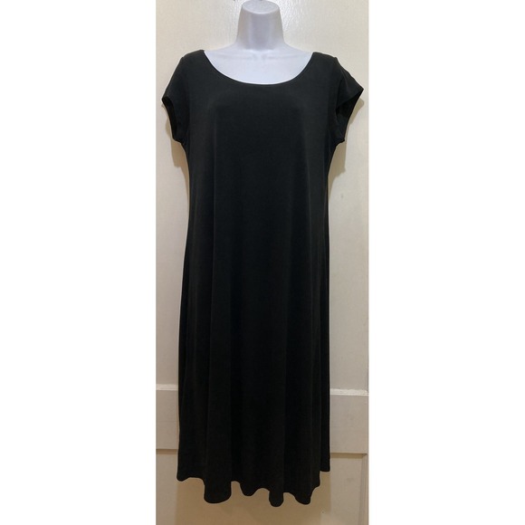 Eileen Fisher 100% Silk Dress Midi Size M Black Short Sleeve Flowy Quiet Luxury - Picture 1 of 12